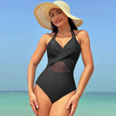 Emoswimsuit - Women's One Piece Swimsuits Mesh Tummy Control High Waisted Bathing Suit Wrap Tie Back Cutout Swimsuit